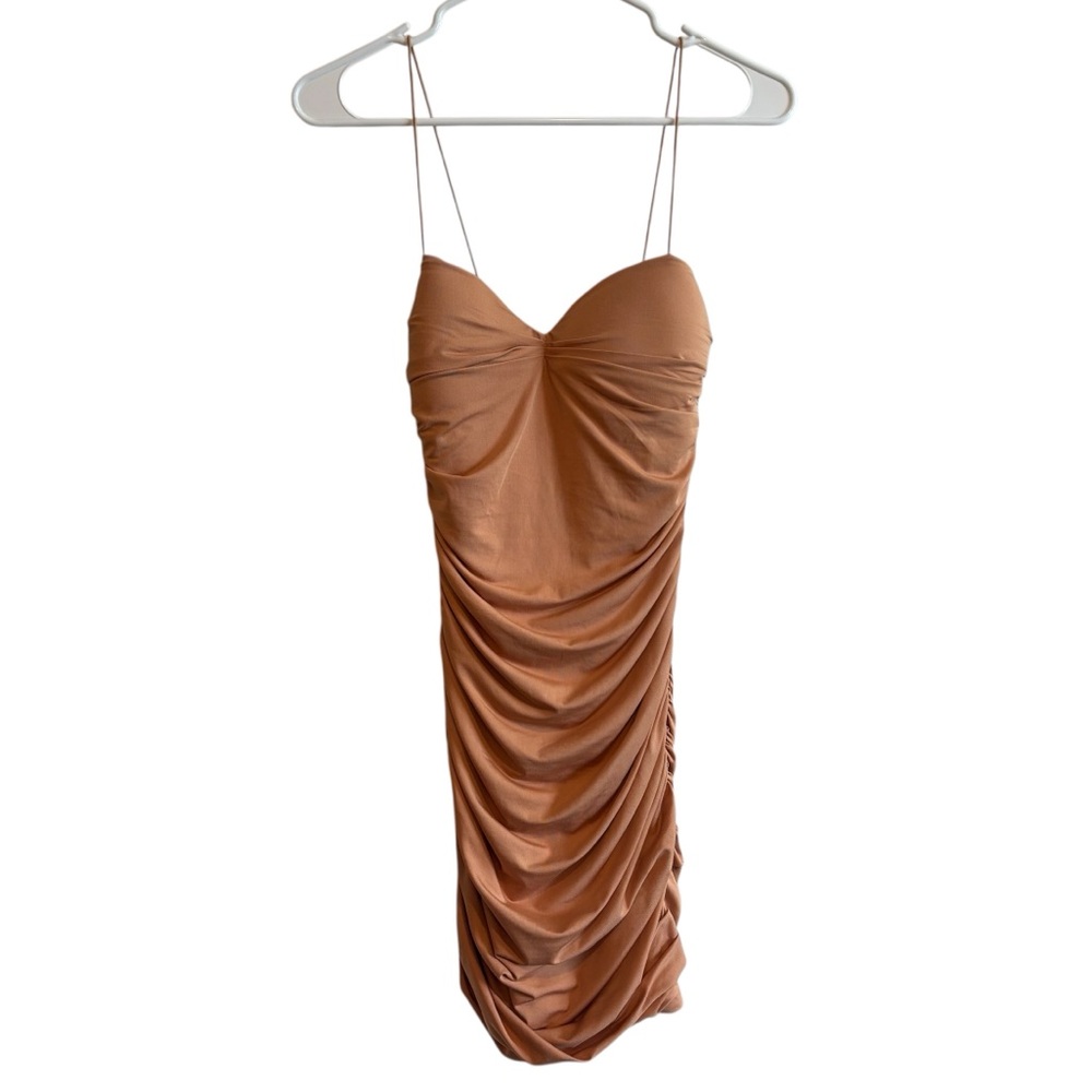 Oh Polly Ruched Mini Dress in Tan